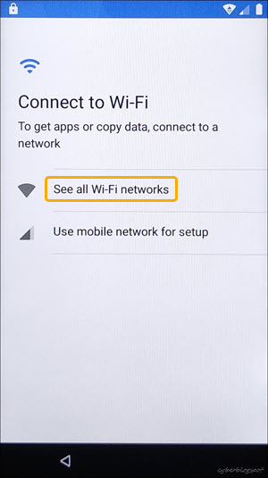 Connect to Wi-Fi screen illustrating selecting See all Wi-fi networks in order to connect to the internet, a requirement for unlocking a BLU verification after reset to factory defaults