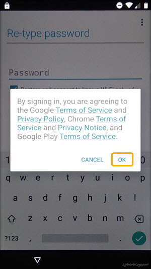 Screenshot of agreement with Google Services Terms of Service (TOS)