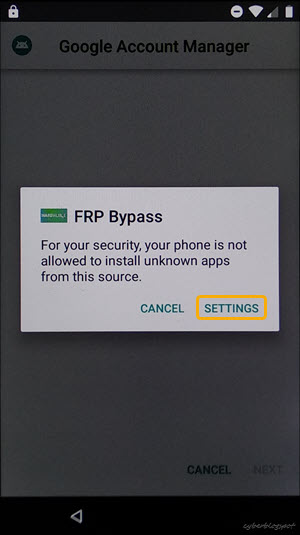 A screenshot of a message from FRP Bypass app showing that the phone is not allowed to install unknown apps