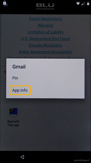 Screenshot of the Gmail options including App info in a step to open a browser and install an app for unlocking BLU verification lock