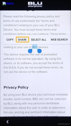 A contextual menu which include the SHARE option that will provide us with a way of opening an internet browser to unlock BLU verification