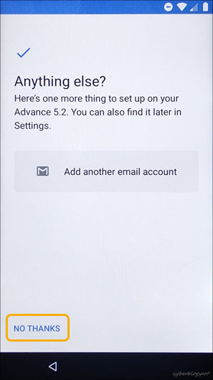 Screenshot of BLU phone's screen asking for additional email account