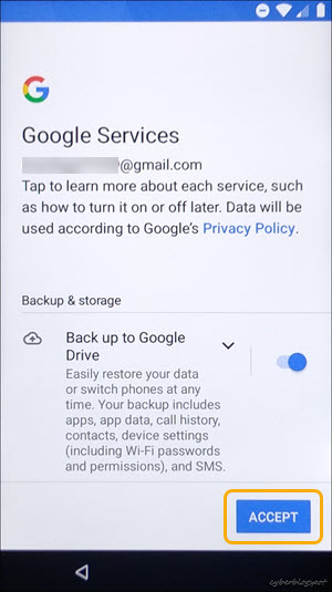 Google Services Privacy Policy on a BLU smartphone after it was unlocked using FRP bypass app