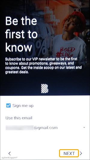 Screenshot of BLU phone's screen during setup asking for subscription to VIP newsletter