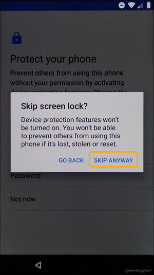 Skip screen lock question after skipping the security setup of an unlocked BLU smartphone