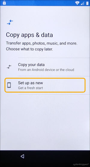 Image of Copy apps & data screen showing how to set up the phone after a successful unlocking of BLU verification lock after reset to factory settings