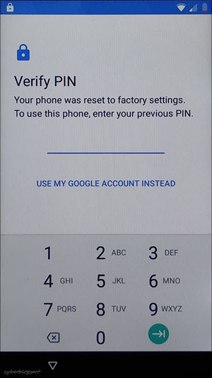 Screenshot of a BLU smartphone screen asking to verify the PIN (Personal Identification Number) in order to unlock the phone after a reset to factory settings