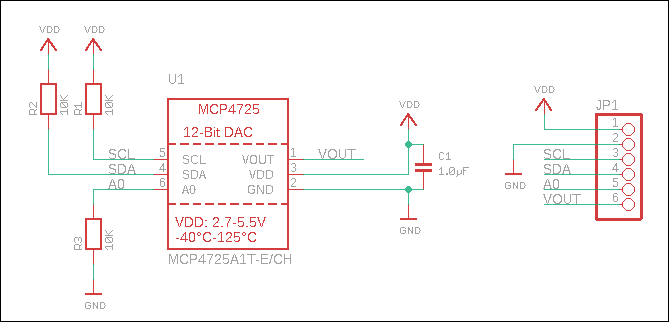 Schematic diagram of an MCP4725 DAC module or breakout board