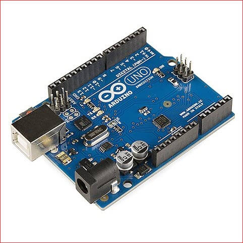 Picture of an Arduino Uno R3 development board with the power supply clear shown