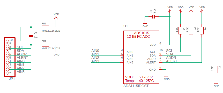Schematic diagram of the Adafruit model of ADS1115 module or breakout board that can be used on Arduino boards