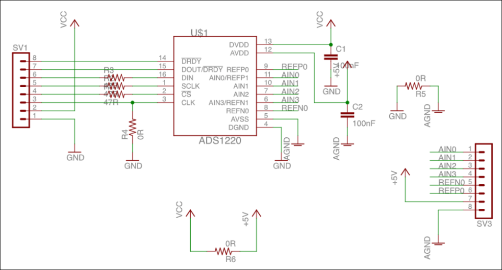Schematic diagram for a Protocentral ADS1220 ADC module showing the capacitors and resistors that are installed on the board