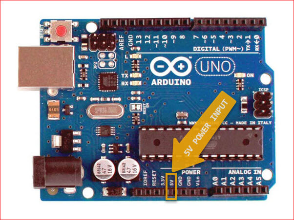 Picture of Arduino Uno R3 board showing the 5V power supply input