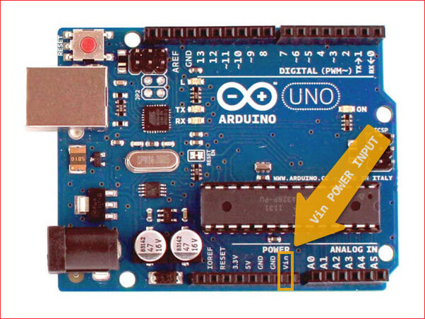 Picture of Arduino Uno R3 development board showing the Vin power supply input