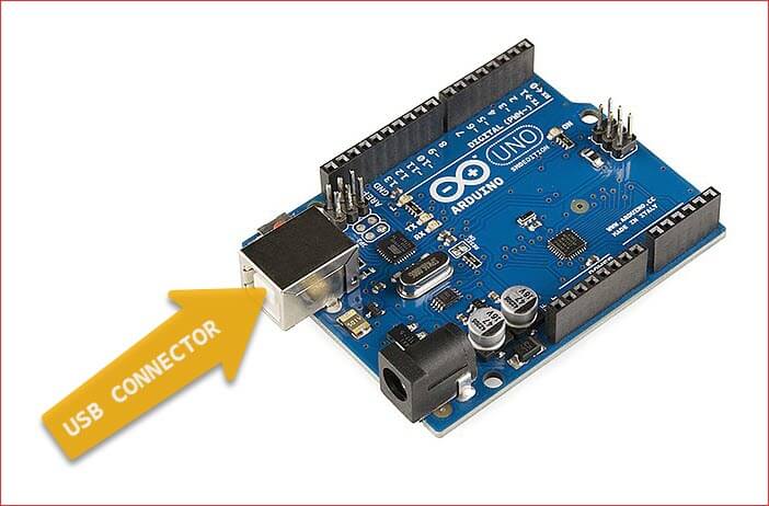 Picture of an Arduino Uno board with the annotated USB connector for providing power supply to the board