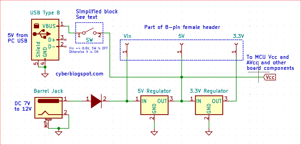 Simplified schematic diagram of Arduino Uno development board showing the two voltage regulators and the series protection diode