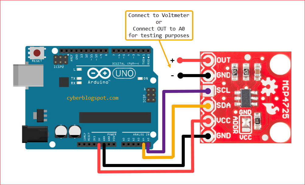 Wiring diagram showing how to connect MCP4725 module or breakout board to Arduino R3
