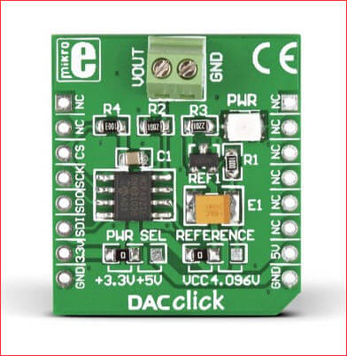 A picture of a Mikroe DAC click, a MCP4921 DAC module or breakout board for Arduino