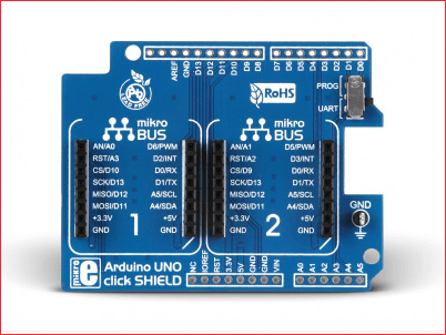 A picture of Mikroe click shield that plugs into an Arduino Uno board to facilitate connection with an MCP4921 DAC module
