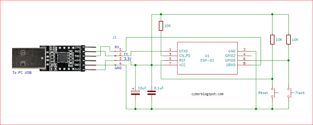 Schematic diagram of a DIY USB-to-serial converter programmer for the ESP-01/ESP-01S.
