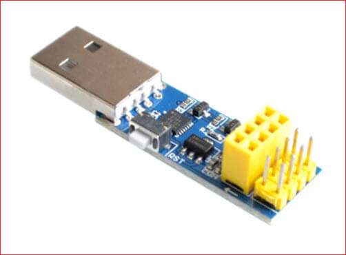 A picture of an ESP-01 USB-to-serial converter programmer module for use with the Arduino IDE