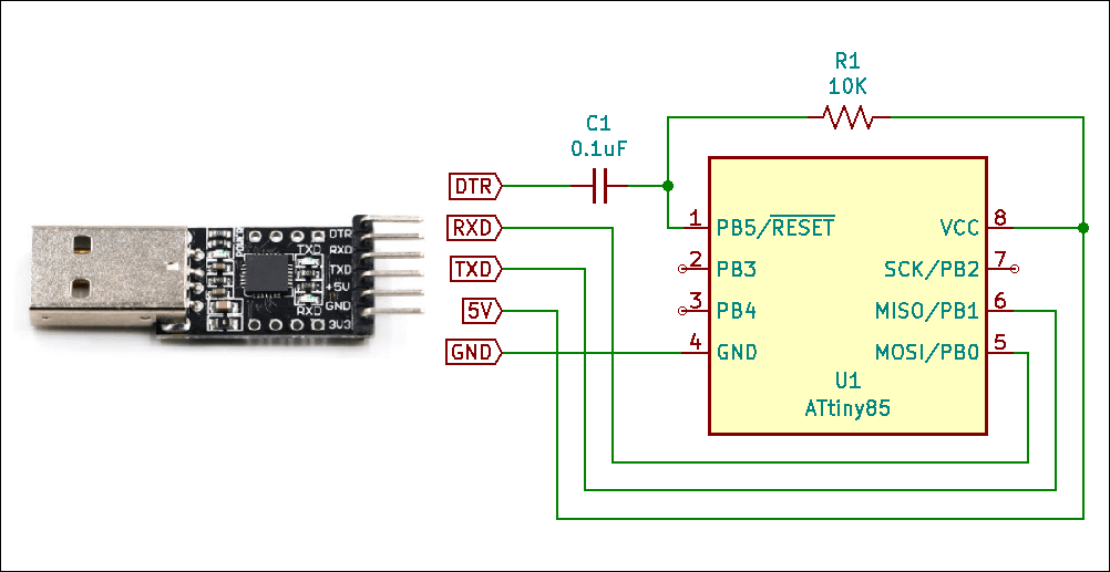 Schematic diagram showing how to connect a USB serial converter to an ATtiny85 chip in order to program it using the Arduino IDE