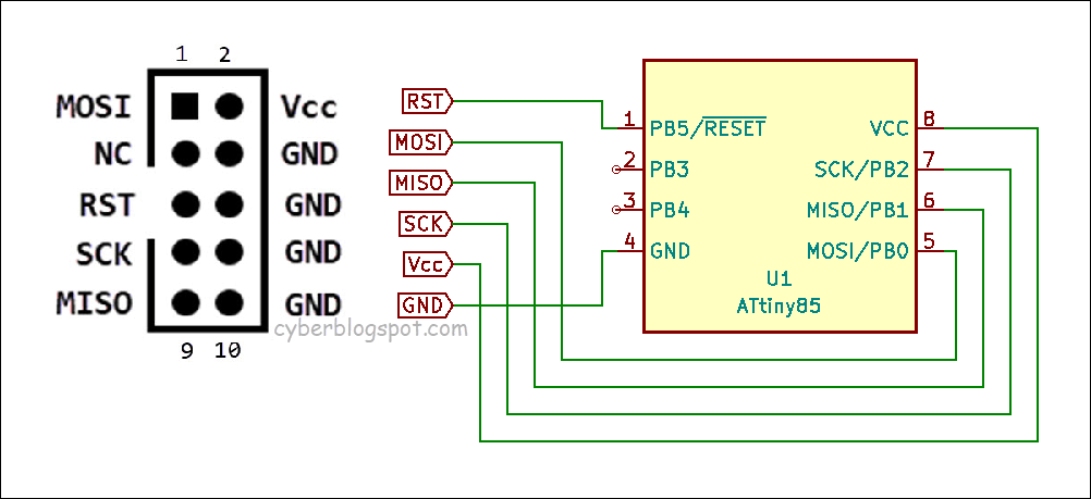 Schematic diagram showing how to connect an AVR programmer to an ATtiny85 in order to program the chip in Arduino IDE