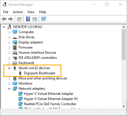 Screenshot of annotated Windows Device Manager showing the libusb device driver after installing the Digispark device driver to fix the Digispark USB device not recognized error 