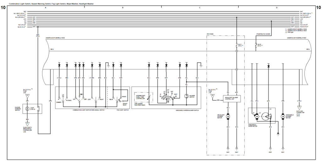 Wiring diagram of Combination Light Switch, Hazard Warning Switch, Fog Light Switch, Windshield Wiper, Windshield Washer, and Headlight Washer