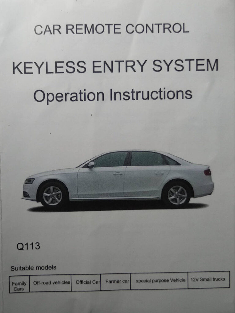 Front page of the instruction manual of the keyless entry system used in replacing the defective key fob