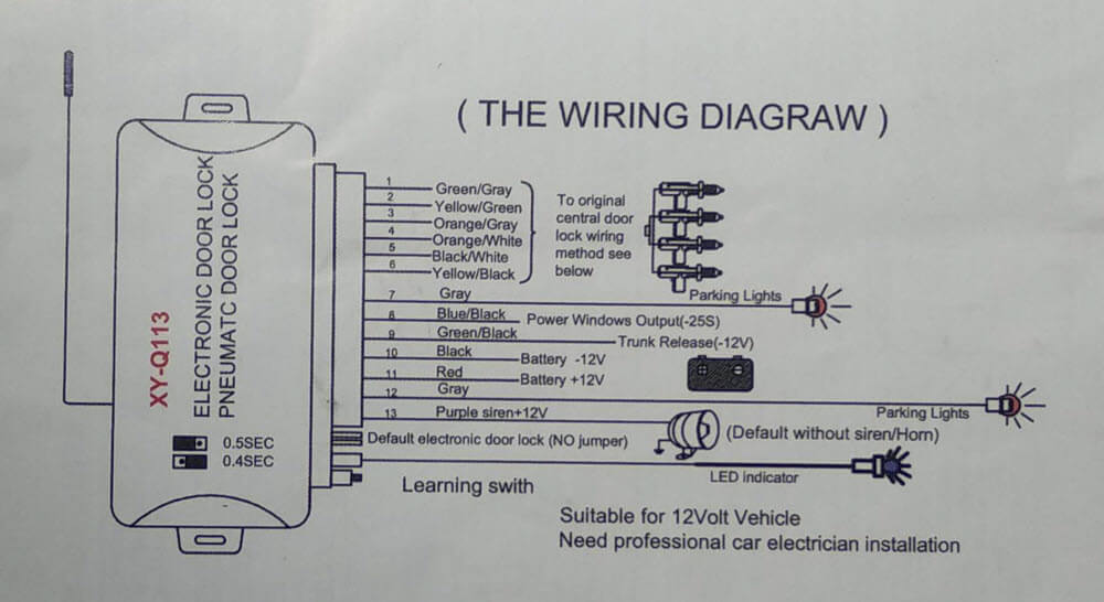 The wiring diagram that came with the universal keyless entry system used to replace a defective key fob