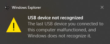 Screenshot of the Windows 10 error saying "USB device not recognized"