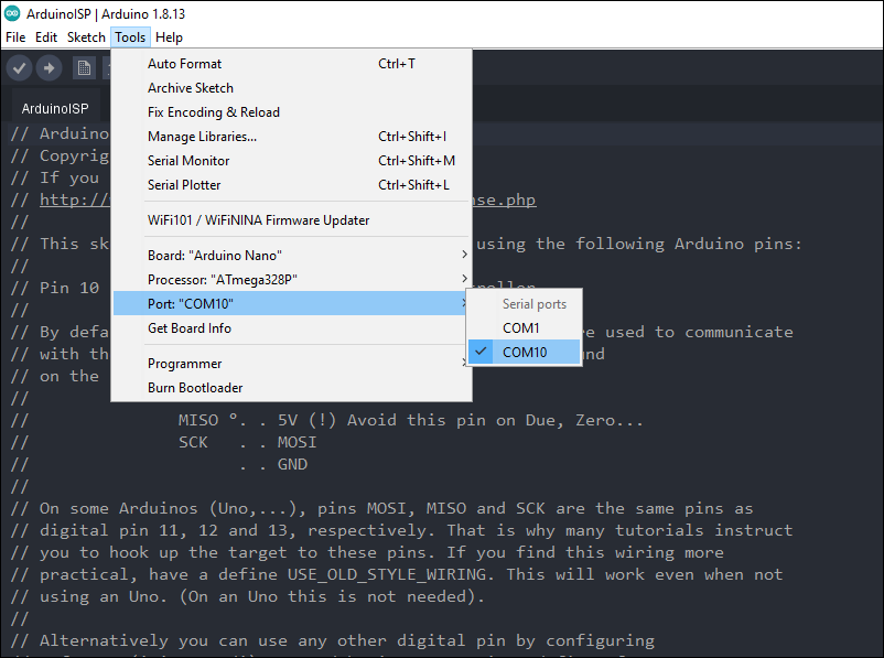 Screenshot of Arduino IDE for selecting the correct serial COM port.