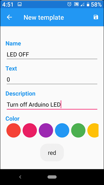 Picture of the Arduino Bluetooth Controller with the second button of the template for sending messages