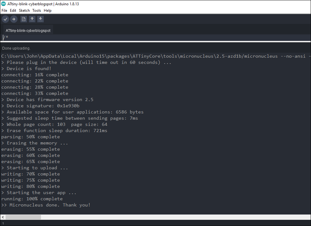 Screenshot of Arduino IDE after a successfule programming of Digispark ATtiny85 board