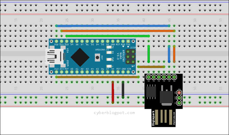 Picture showing the Arduino Nano connected to the Digispark ATtiny85 board.