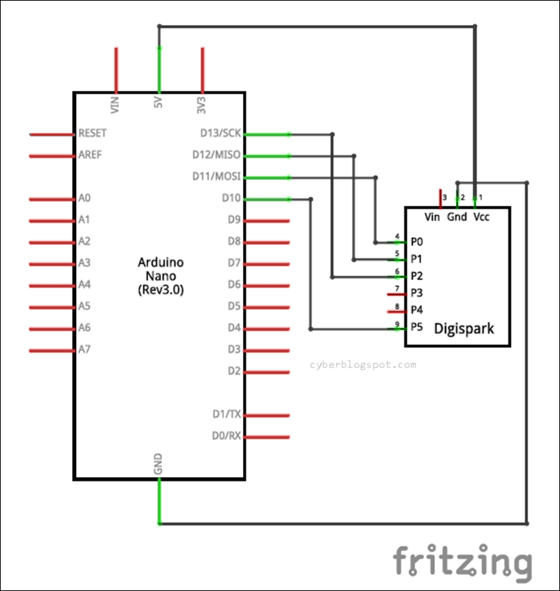Picture of the schematic diagram of Arduino Nano connected to a Digispark ATtiny85 for programming the Digispark using the Arduino as ISP programmer