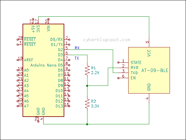 Schematic diagram of the connection between an Arduino Nano microcontroller board and an AT-09 BLE Bluetooth module