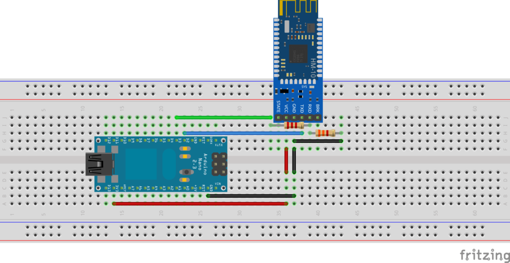 Fritzing breadboard diagram of an AT-09 BLE Bluetooth module connected to an Arduino Nano board.