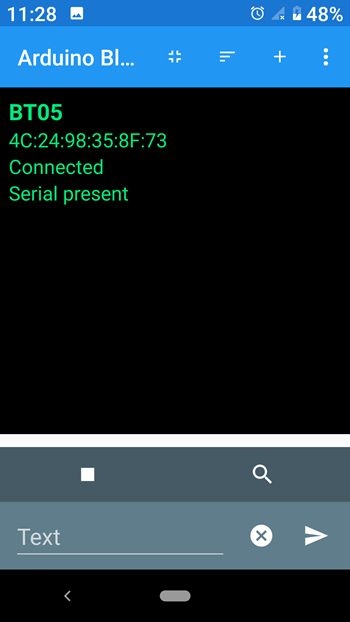 Picture of the Android smartphone app showing that the a connection has been made between the smartphone and the AT-09 BLE module.
