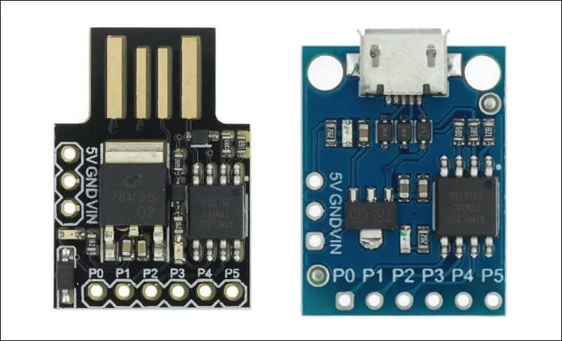 A picture showing two (2) versions of Digispark ATtiny85 with the same pinout or configuration 