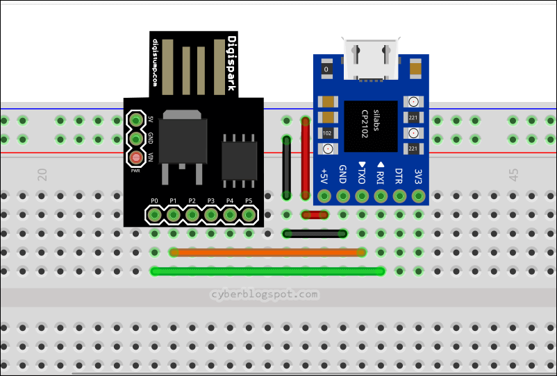 Picture of Fritzing breadboard diagram showing how to connect the Digispark ATtiny85 board to a USB to serial converter to enable the serial monitor when working with Digispark ATtiny85