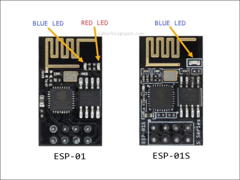 Picture showing the differences between an ESP-01 and ESP-01S ESP8266 modules prior to testing