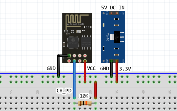 A picture depicting how to supply power to the ESP-01 ESP8266 Wi-Fi module in order to do a quick test