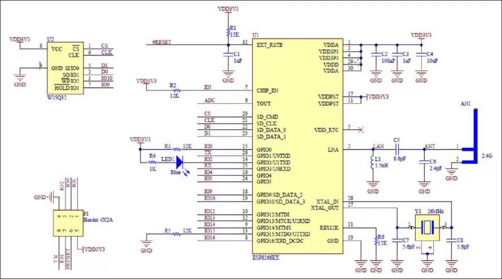 Schematic diagram of ESP-01S ESP8266 Wi-Fi module that can be used for reference purposes especially when testing the module
