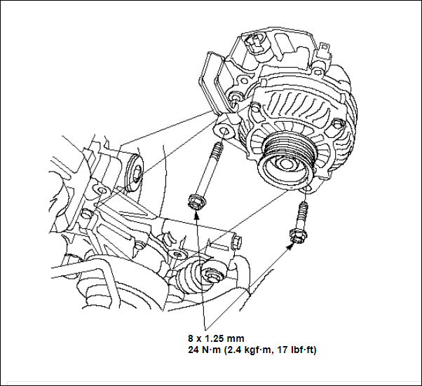 Picture showing in great detail how to install the alternator whic is a part of Honda Civic charging system