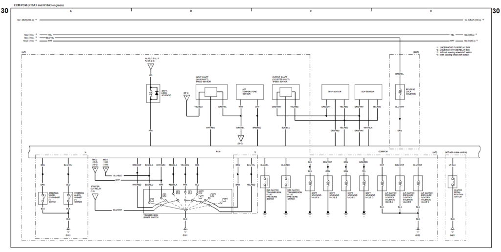Wiring diagram of ECM/PCM (Engine Control Module/Powertrain Control Module) for R18A1 and R18A3 engines