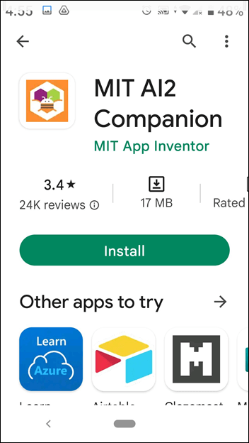 Screenshot of MIT App Inventor 2 Companion App to be used for downloading the completed ESP8266 Controller smartphone app for controlling the ESP-01 Wi-Fi relay module remotely.