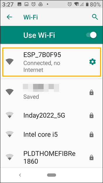 Screenshot of an Android smartphone Wi-Fi settings showing the module as connected to the smartphone.