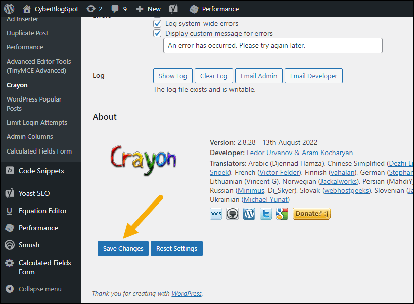 Screenshot of how to save the changes on crayon-syntax-highlighter to fix the WordPress Code Block &lt Problem