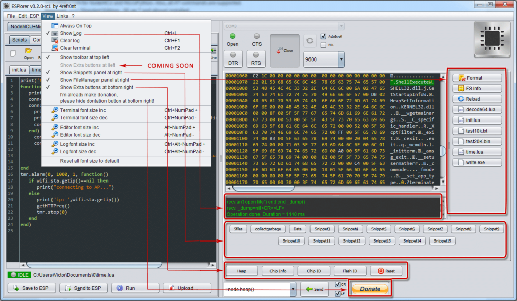 Screenshot of ESPlorer IDE showing the different IDE panels for the article ESPlorer Can't Autodetect Firmware